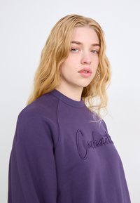 Purple sweatshirt featuring a crew neckline, ribbed cuffs, and embroidered text across the chest. Soft fabric with a relaxed fit.