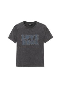 Donkergrijze katoenen t-shirt met ronde hals, korte mouwen en witte en blauwe tekst "LOVE DSGL" met een hartenontwerp en studs.