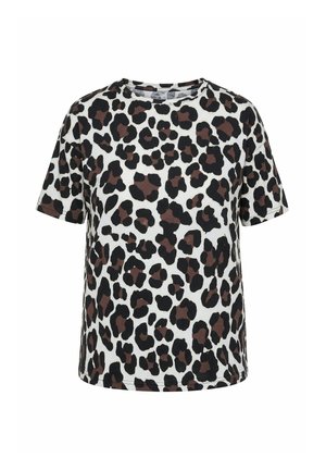 T-shirt met korte mouwen en ronde hals met een zwartbruine luipaardprint op een witte achtergrond.