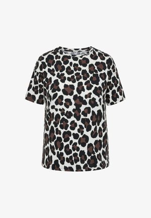 T-shirt met korte mouwen en ronde hals met een zwartbruine luipaardprint op een witte achtergrond.