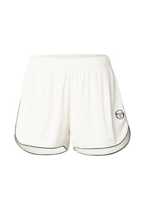 Witte atletische korte broek met zwarte bies langs de randen en een klein cirkelvormig logo op het rechterbeen, voorzien van een elastische tailleband.