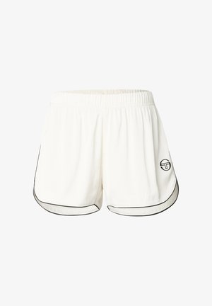 Weiße Sportshorts mit schwarzer Paspelierung entlang der Kanten und einem kleinen runden Logo am rechten Bein, mit einem elastischen Bund.