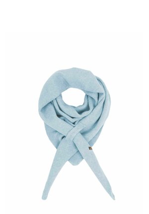 Soft light blue knit scarf looped with two ends crossed at the front, displayed against a plain white background.