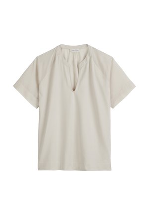 Light beige short-sleeve shirt with a round neckline and a subtle front slit. Smooth cotton material with a relaxed fit and raglan sleeves.