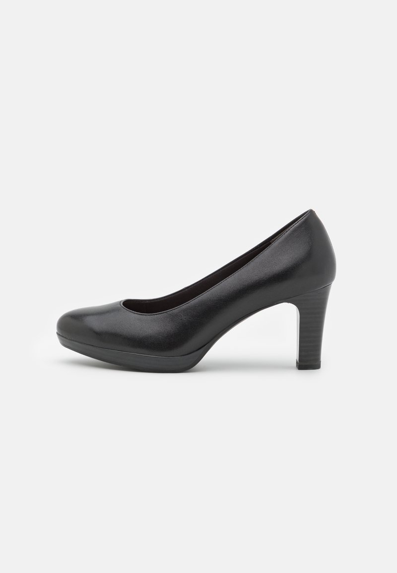 Escarpin en cuir noir à talon moyen, bout arrondi et talon empilé, présenté en profil latéral sur un fond uni clair.