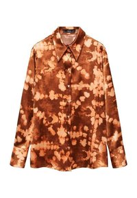 Camicia con maniche lunghe e colletto ampio in un motivo tie-dye marrone e beige.