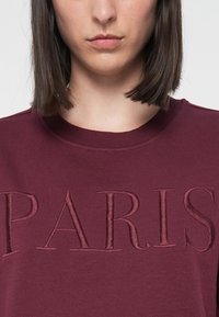 Persona vistiendo un sudadera color burdeos con la palabra "PARÍS" bordada en el pecho con hilo a juego.