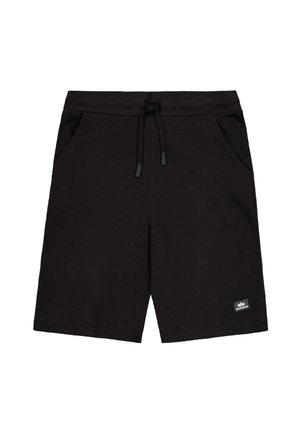 Zwarte gebreide shorts tot op de knie met voorzakken, een verstelbare trekkoorden taille en een klein merklabel aan de linkerkant van de zoom.