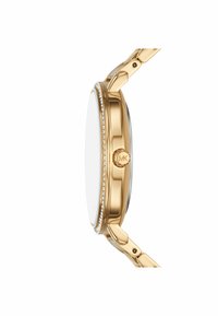 Goldfarbene Uhr mit rundem Gehäuse, klarem Glaszifferblatt und einem mit Kristallen verzierten Rahmen; Gliederarmband mit polierter Goldoberfläche und graviertem Logo.