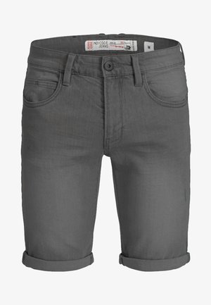 Grå denimshorts med slim fit, featuring oprullede kanter, fem lomme-design og en knaplukning i taljen.