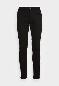 Svart denimjeans med smal passform, med knappstängning, fem fickor och slät textur. Inga synliga mönster eller accenter.