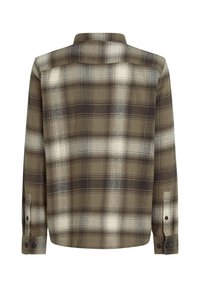 Brown and beige plaid flannel shirt with long sleeves, a collar, and buttoned cuffs. Smooth texture with a classic check pattern.
