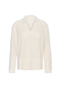 Pullover chiaro in crema realizzato in tessuto a maglia testurizzata, con scollatura a V, maniche lunghe e polsini e orlo a coste. Dettagli del motivo a tessitura aperta visibili.
