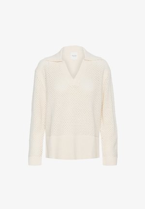 Šviesiai kreminės spalvos megztinis, pagamintas iš tekstūruoto trikotažo, su V formos iškirpte, ilgomisRankovėmis ir šonkaudžiais rankogaliais bei apatine dalimi. Matomi atviri audimo raštai.