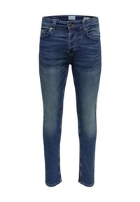 Tmavě modré džíny z denimu s úzkým střihem a vybledlou texturou. Mají pět kapes, přední zip a knoflíkové zapínání a kontrastní šití.