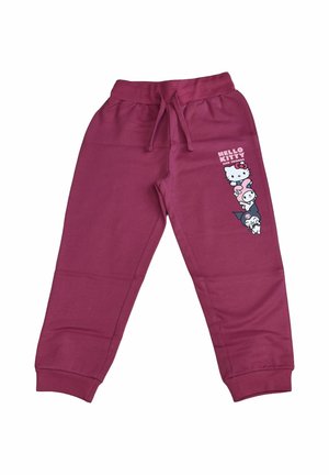 Kinder bordeauxfarbene Hose mit Kordelzugbund und Hello Kitty und Freunde Figuren, die auf dem rechten Oberschenkel aufgedruckt sind.