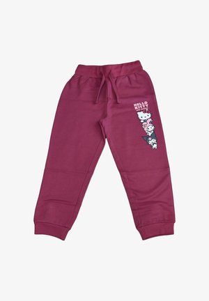Kinder bordeauxfarbene Hose mit Kordelzugbund und Hello Kitty und Freunde Figuren, die auf dem rechten Oberschenkel aufgedruckt sind.
