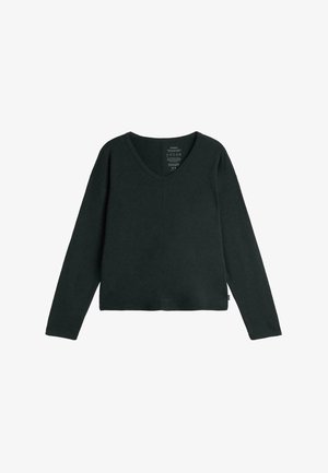 Sudadera de punto de color verde oscuro, de manga larga y escote en V, hecha de un tejido suave con un corte relajado y un dobladillo recto. Etiqueta visible en la parte trasera.