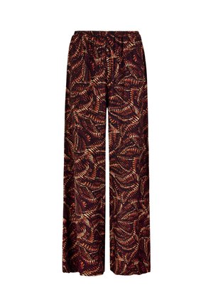 Bukser med vide ben og elastisk talje, med et mørkerødt og brunt abstrakt mønster, der ligner fjer.