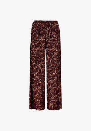 Weit geschnittene Hose mit elastischem Bund, versehen mit einem dunkelroten und braunen abstrakten federähnlichen Muster.