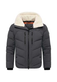 Giacca a vento grigia con colletto in pelliccia sintetica crema, tasche con zip e motivo a rombi sul corpo. Polsini elastici neri.