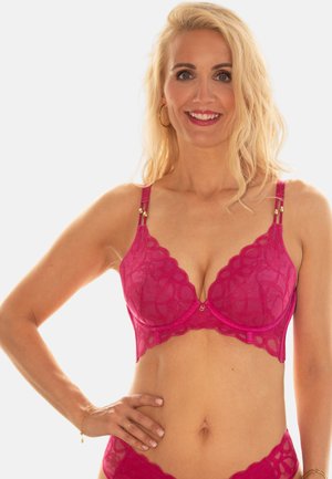 Helles fuchsia-bra aus Spitze mit gewellten Kanten, Unterstützung durch Bügel, verstellbaren Trägern und goldenen Akzenten, das komplizierte Blumenmuster zeigt.