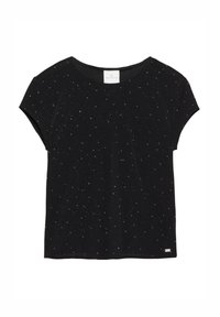 Tricou negru cu mâneci scurte și decolteu rotund, cu un model pătat de puncte albe și argintii, realizat dintr-un material moale.