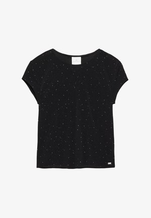 Crna majica kratkih rukava s okruglim izrezom, s uzorkom pjegica u bijeloj i srebrnoj boji, izrađena od mekanog materijala.
