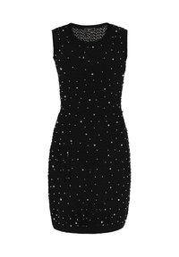 Schwarzes ärmelloses Kleid mit tailliertem Schnitt, das ein strukturiertes Strickmuster aufweist und mit silbernen Perlen verziert ist.