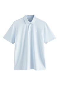 Paprastos fit tipo šviesiai mėlynas polo marškinėlių, pagamintų iš medvilnės, su klasikine apykakle ir maža siuvinėta emblemė ant krūtinės.