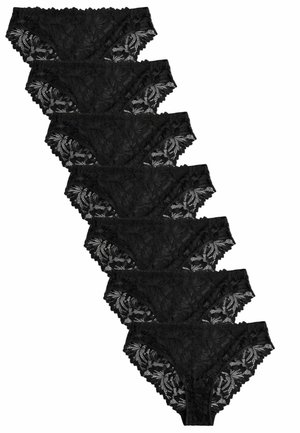 Black lace panties with floral patterns, featuring a scalloped waistband and sides. Six pairs arranged in a diagonal line.