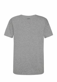 Camiseta gris de manga corta con cuello redondo. Material de algodón con una textura suave. Sin patrones ni acentos visibles, vista trasera lisa.