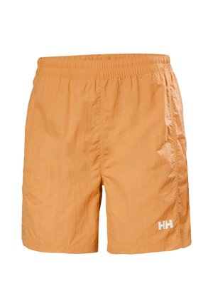 Pánské oranžové plavky vyrobené z lehkého materiálu, vybavené elastickým pasem, bočními kapsami a bílým logem v dolním levém rohu.