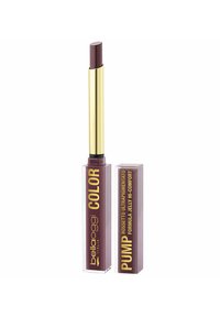 Prodotto labbra borgogna in un tubo trasparente con un tappo dorato. Il testo sul tubo include "Belaoggi COLOR" e "PUMP." Finitura liscia e lucida.