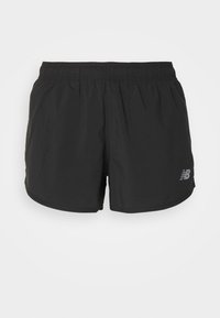 Black athletic shorts with an elastic waistband, made of lightweight fabric. Features a small gray logo on the lower right side.