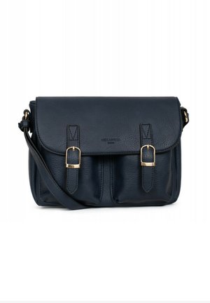 Navy leather crossbody bag with a fold-over flap, gold hardware, two buckle accents, and front pockets. Adjustable shoulder strap included.