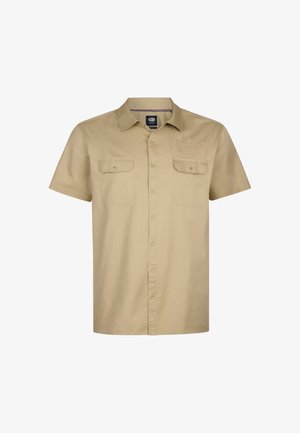 Beige katoenen overhemd met korte mouwen, voorzien van een knoopsluiting aan de voorkant, twee borstzakken en geborduurd logodetail aan de linkerkant.