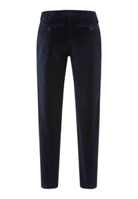 Marineblå corduroy bukser med elastisk talje, to baglommer og lige ben design, med lodret ribbet tekstur.