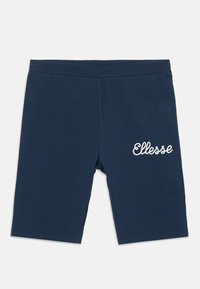Pantaloni corti blu navy realizzati in tessuto misto cotone, dotati di una cintura elastica e di un logo "Ellesse" bianco sulla coscia sinistra.