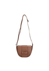 Borsa a spalla in pelle marrone con forma curva, finitura testurizzata e pattina frontale chiusa da una finitura con cinturino abbinato. Cinghia della spalla regolabile.