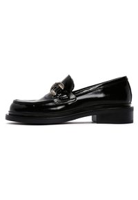 Black patent leather loafer with a rounded toe, small block heel, and a decorative silver buckle on the vamp. Smooth texture.