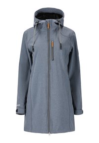 Gray waterproof jacket with a zip front, adjustable drawstring hood, and black zippered pocket. Features textured fabric and side accents.