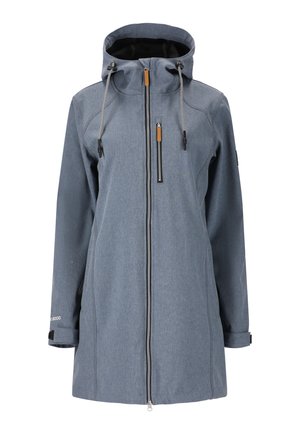 Graue wasserdichte Jacke mit vorderem Reißverschluss, verstellbarem Kordelzugkapuze und schwarzem Reißverschlussfach. Verfügt über strukturierte Stoffe und seitliche Akzente.