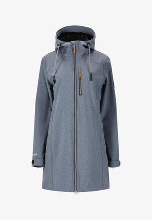 Grijze waterdichte jas met een ritssluiting aan de voorkant, een verstelbare trekkoordkap en een zwarte geborduurde zak. Voorzien van textuurstof en zijaccenten.