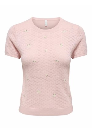 Hele roosa lühikeste varrukatega kootud top väikese augumustriga ja tillukese valge ja kollase lilletikandiga, ümmarguse kaelusega ja soonikkoes servaga.