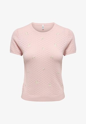 Hele roosa lühikeste varrukatega kootud top väikese augumustriga ja tillukese valge ja kollase lilletikandiga, ümmarguse kaelusega ja soonikkoes servaga.