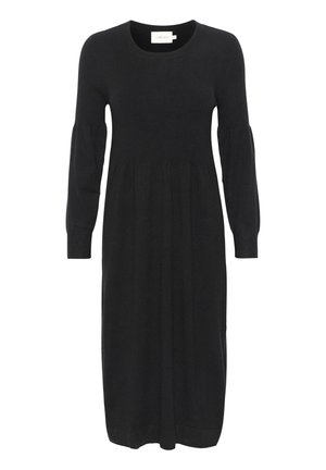 Black long-sleeve midi dress with round neckline, gathered waist, and slightly puffed sleeves made of ribbed knit fabric.