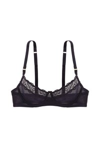 Soutien-gorge balconnet en dentelle noire avec bretelles réglables et délicates détails de dentelle florale sur les bonnets.