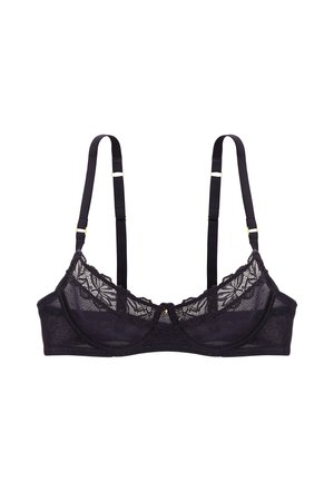 Soutien-gorge balconnet en dentelle noire avec bretelles réglables et délicates détails de dentelle florale sur les bonnets.