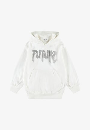 Sweat-shirt à capuche blanc avec manches longues, poche avant et grand motif "FUTURE" en argent métallique. Tissu doux avec poignets et ourlet côtelés.